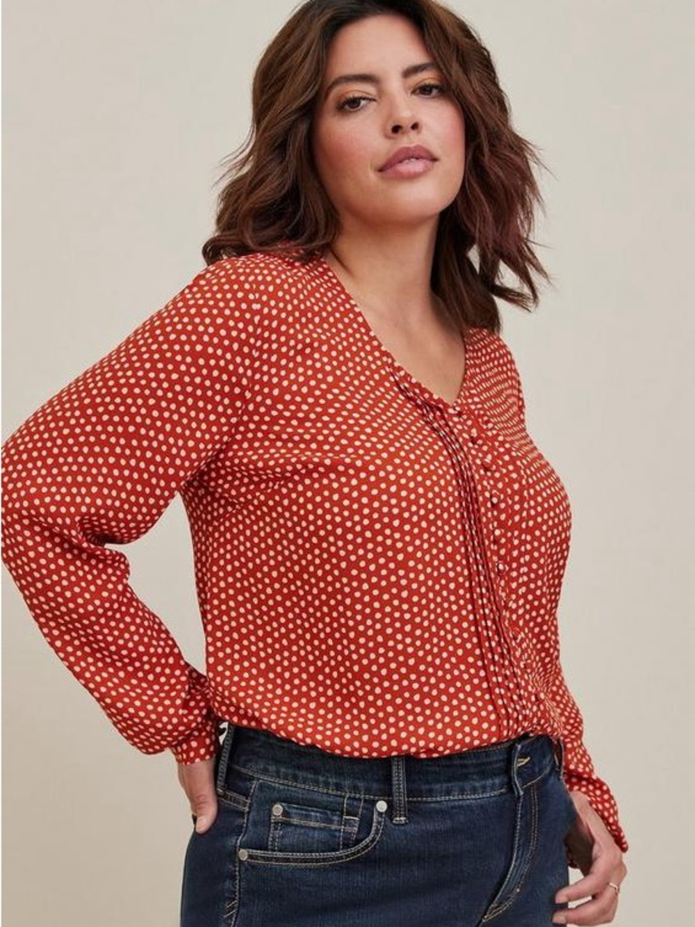 Torrid Chic Rust Polka Dot Georgette Pintuck Button-Front Blouse Size Large L